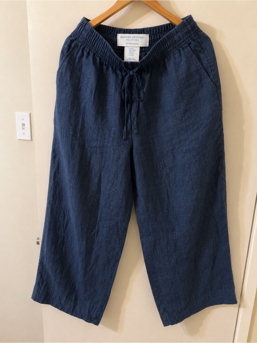 Martha Stewart 100% Linen Navy Drawstring Cropped Pants Size M